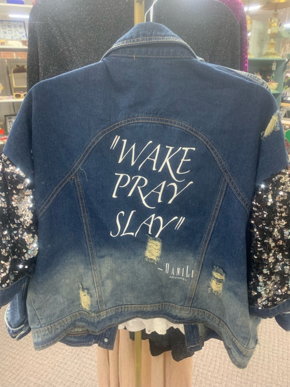Danili Denim Jacket with 'WAKE PRAY SLAY' Graphic